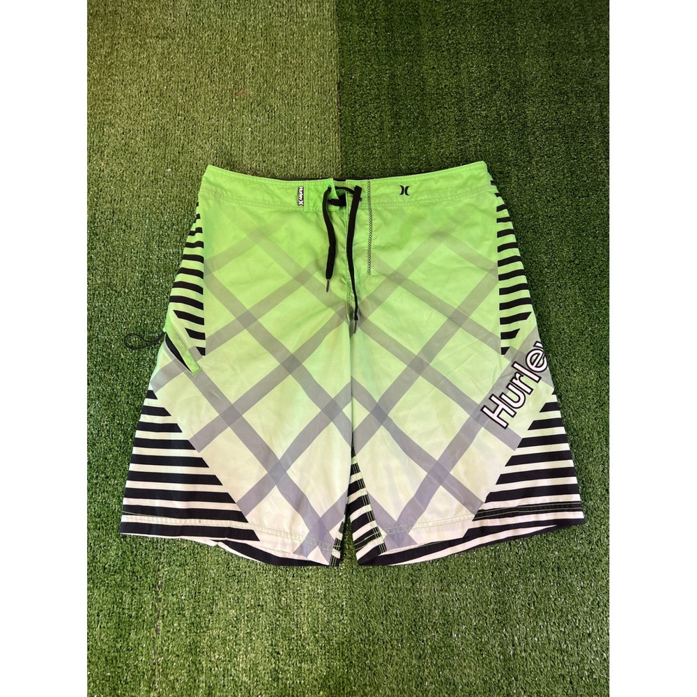 Hurley Mens Board Shorts Size 36 Green Black Plaid Striped Swim Trunks Pocket